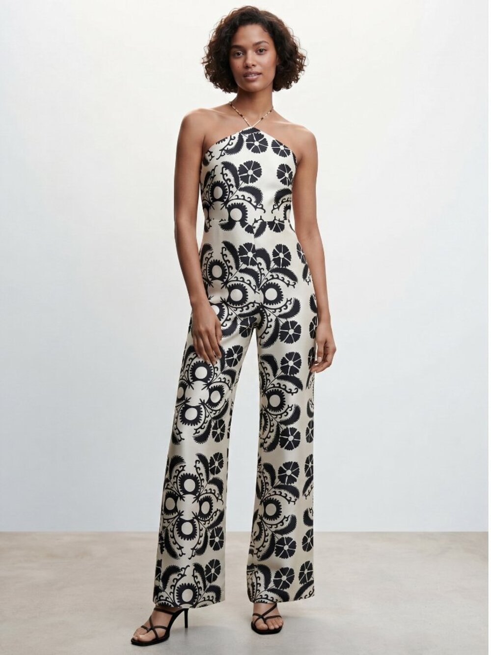 NWT Mango Jumpsuit Cream and Black Printed Halter Neck, size Medium